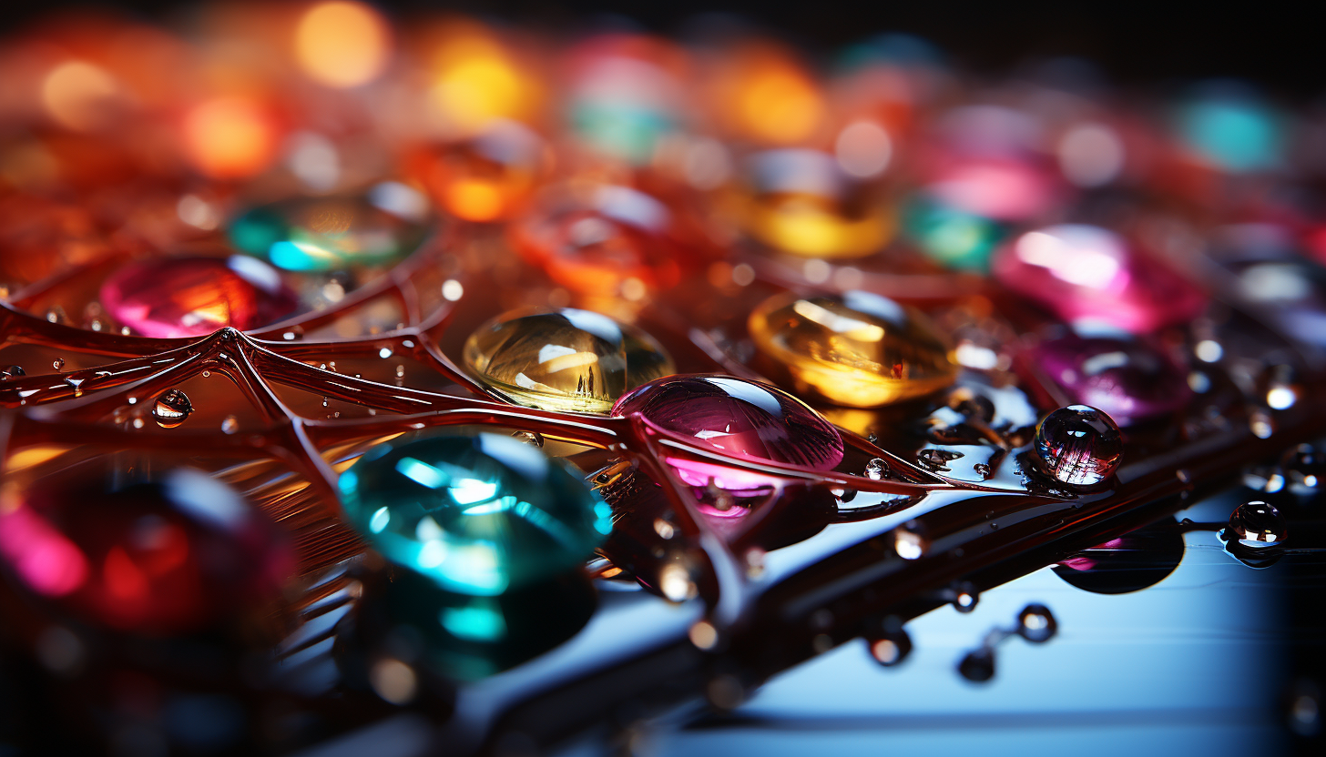 Extreme close-up of dewdrops on a spider's web, reflecting the colors of the morning.