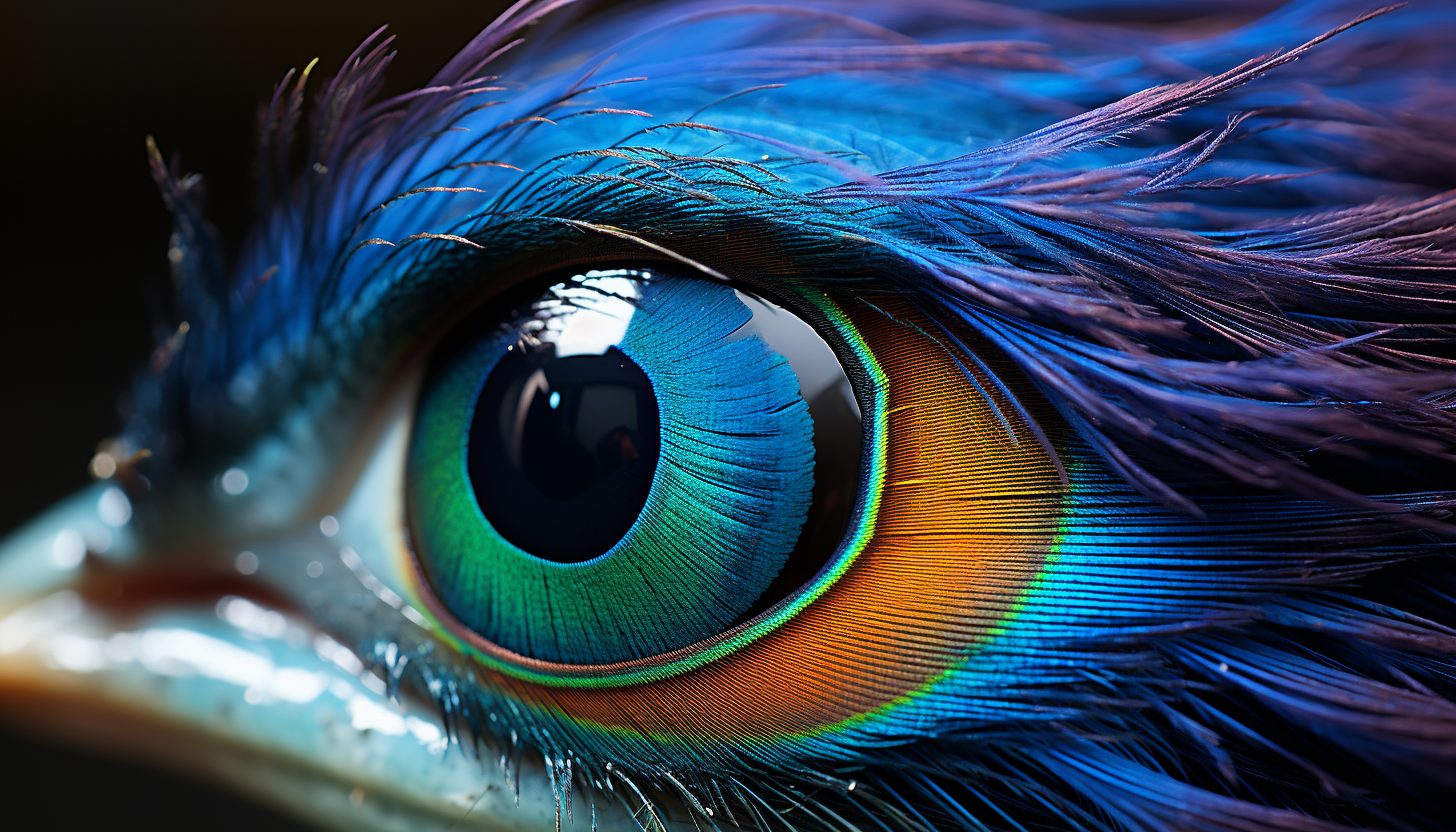 Extreme close-up of a peacock feather, displaying its iridescent colors.