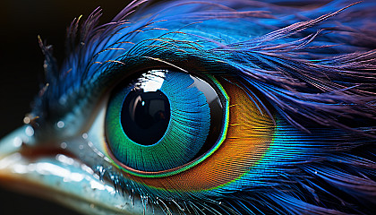 Extreme close-up of a peacock feather, displaying its iridescent colors.