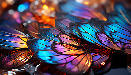 Macro view of iridescent butterfly wings, revealing intricate patterns.