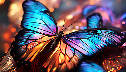 A close-up of iridescent butterfly wings displaying intricate patterns.