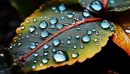 Close-up of dewdrops reflecting a kaleidoscope of colors on a leaf.