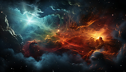A vivid nebula in space, filled with vibrant hues and celestial formations.