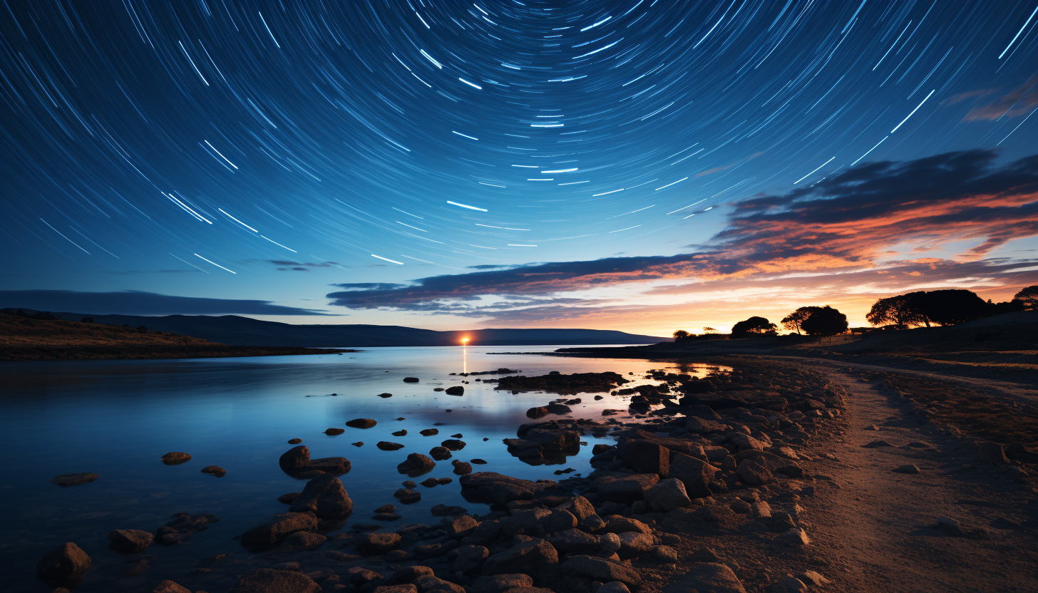 Star trails circling around the North Star over a dark landscape.