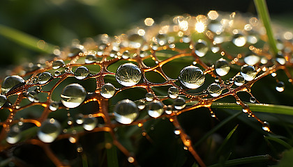 Close-up of dew drops on a spider's web, reflecting the morning sun.