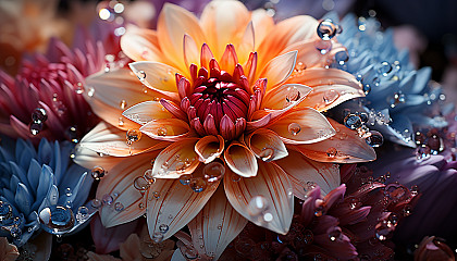 Extreme close-up of the inside of a blooming flower, focusing on the intricate structures and vibrant colors.