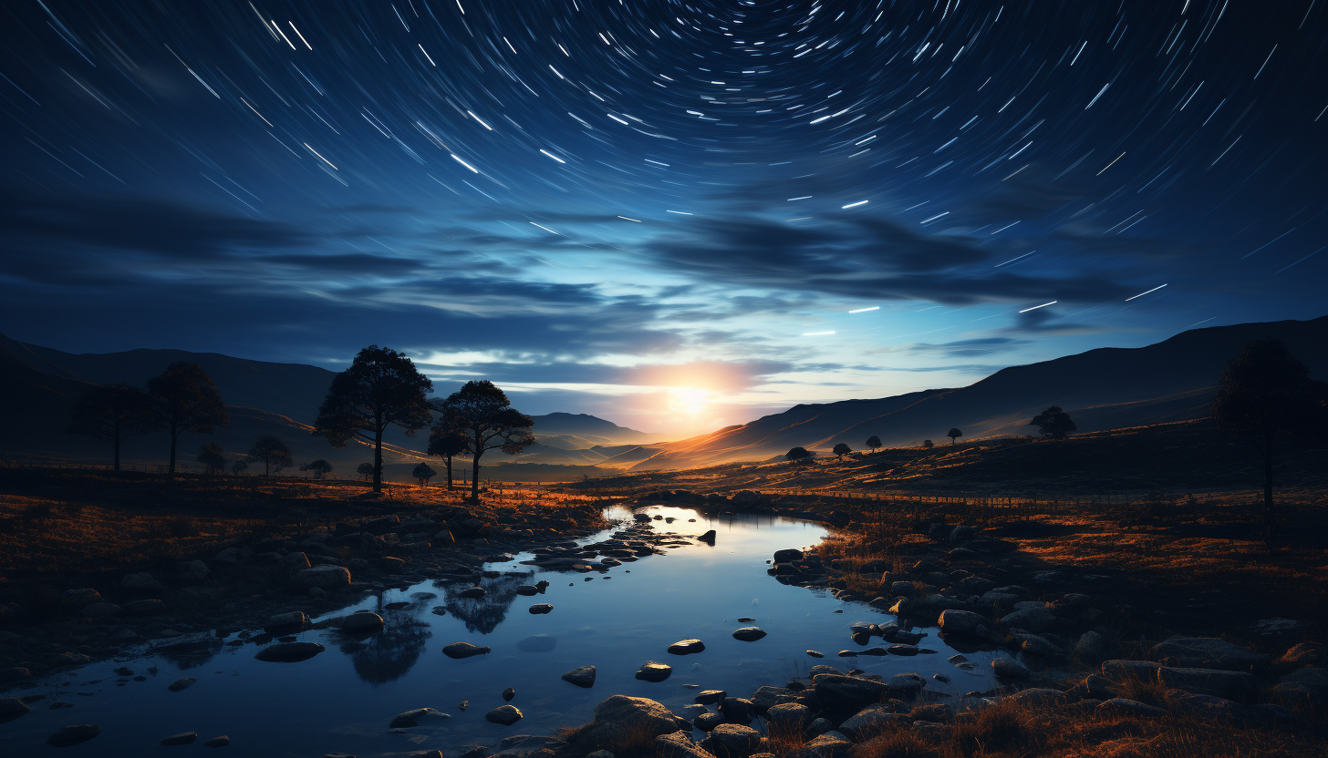 Star trails circling around the North Star over a dark landscape.