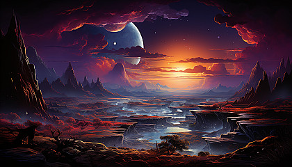 The surface of a distant planet, portrayed with imagined vivid colors and landscapes.