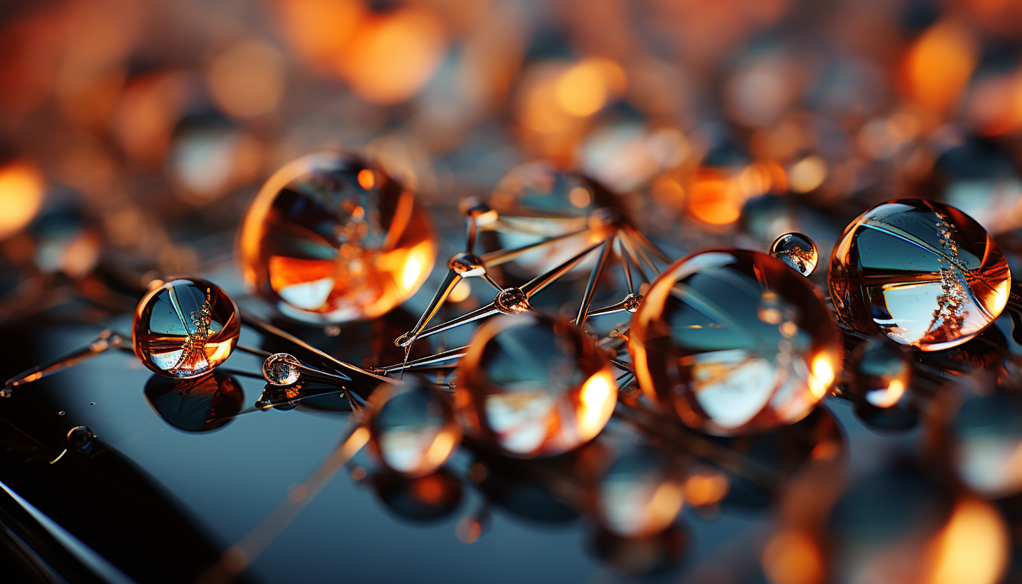 Macro shot of dewdrops on a spider's web, reflecting the colors of the dawn.