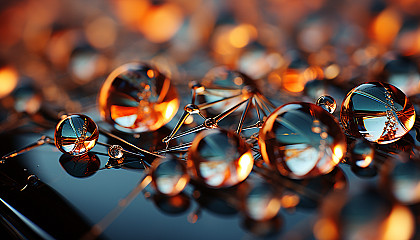 Macro shot of dewdrops on a spider's web, reflecting the colors of the dawn.