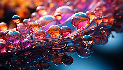 Close-up of iridescent bubbles floating in the air, reflecting a rainbow of colors.