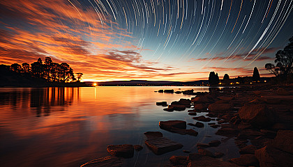 Star trails captured in a long-exposure shot, swirling around the night sky.