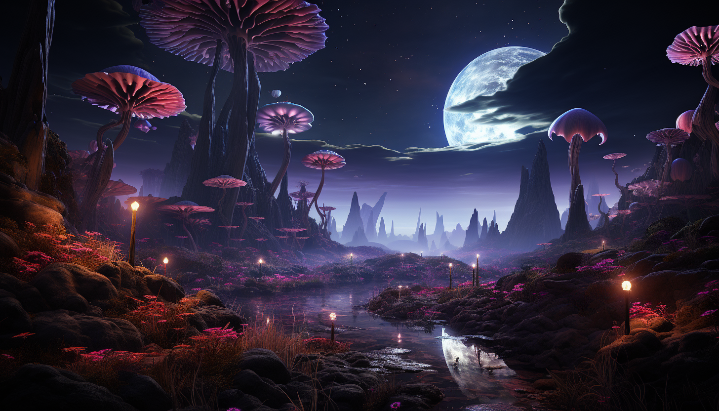 An alien landscape from an exoplanet, featuring unique bioluminescent flora.