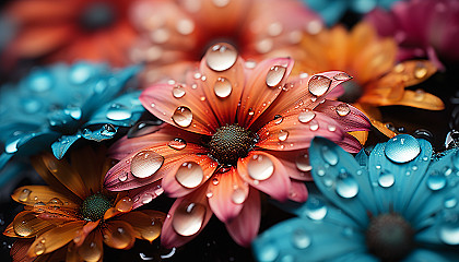 Close-up of dewdrops on a colorful flower petal, reflecting the world around them.