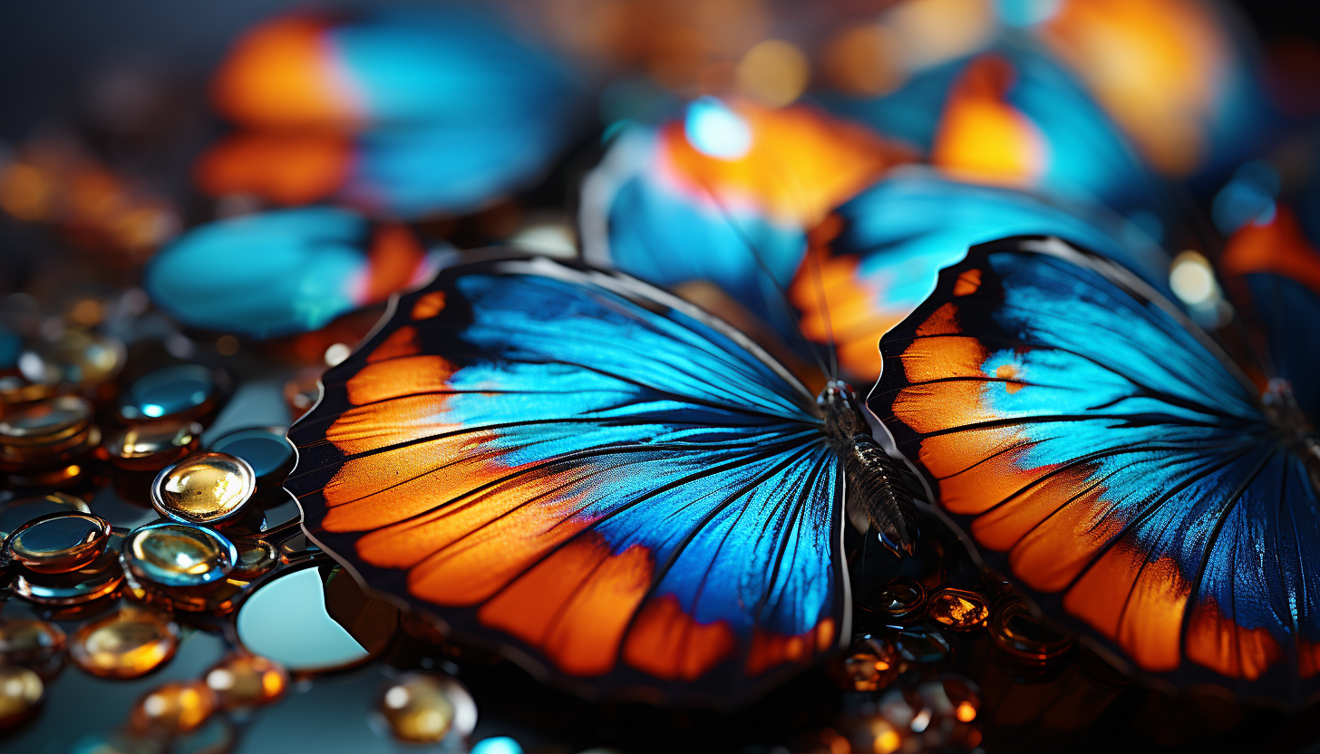 Macro view of a butterfly's wing, showing intricate patterns and colors.