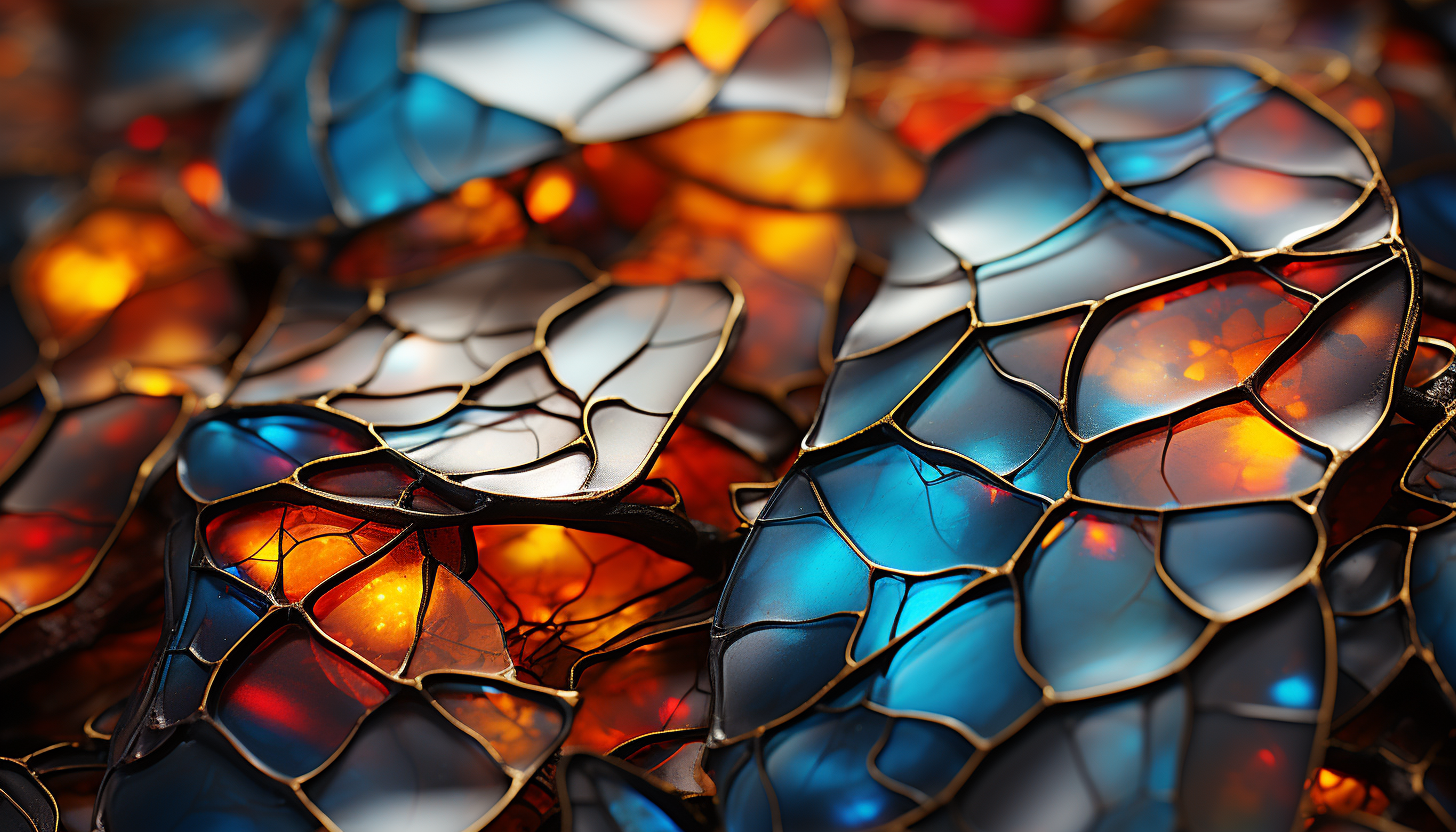 The intricate details of a butterfly wing, displaying a kaleidoscope of colors.