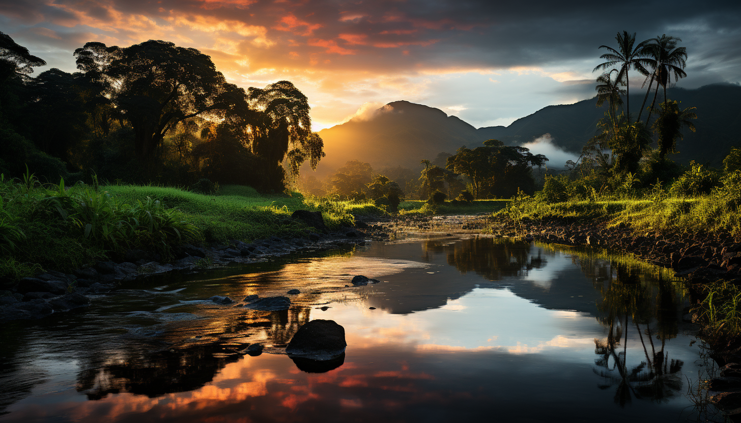 9. A rainbow arcing over a lush, verdant landscape after a rain.