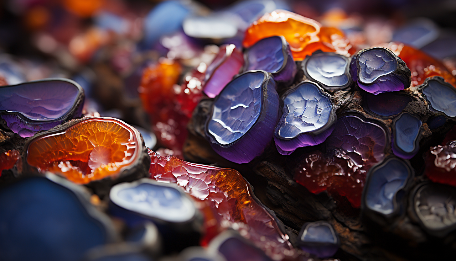 Macro shot of crystalline structures within a colorful geode.