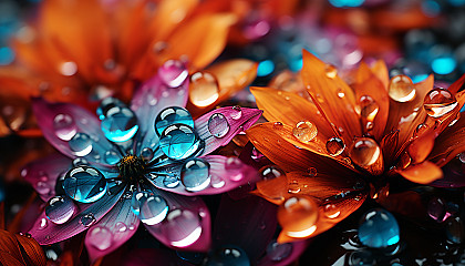 Close-up of dewdrops on a colorful flower petal.