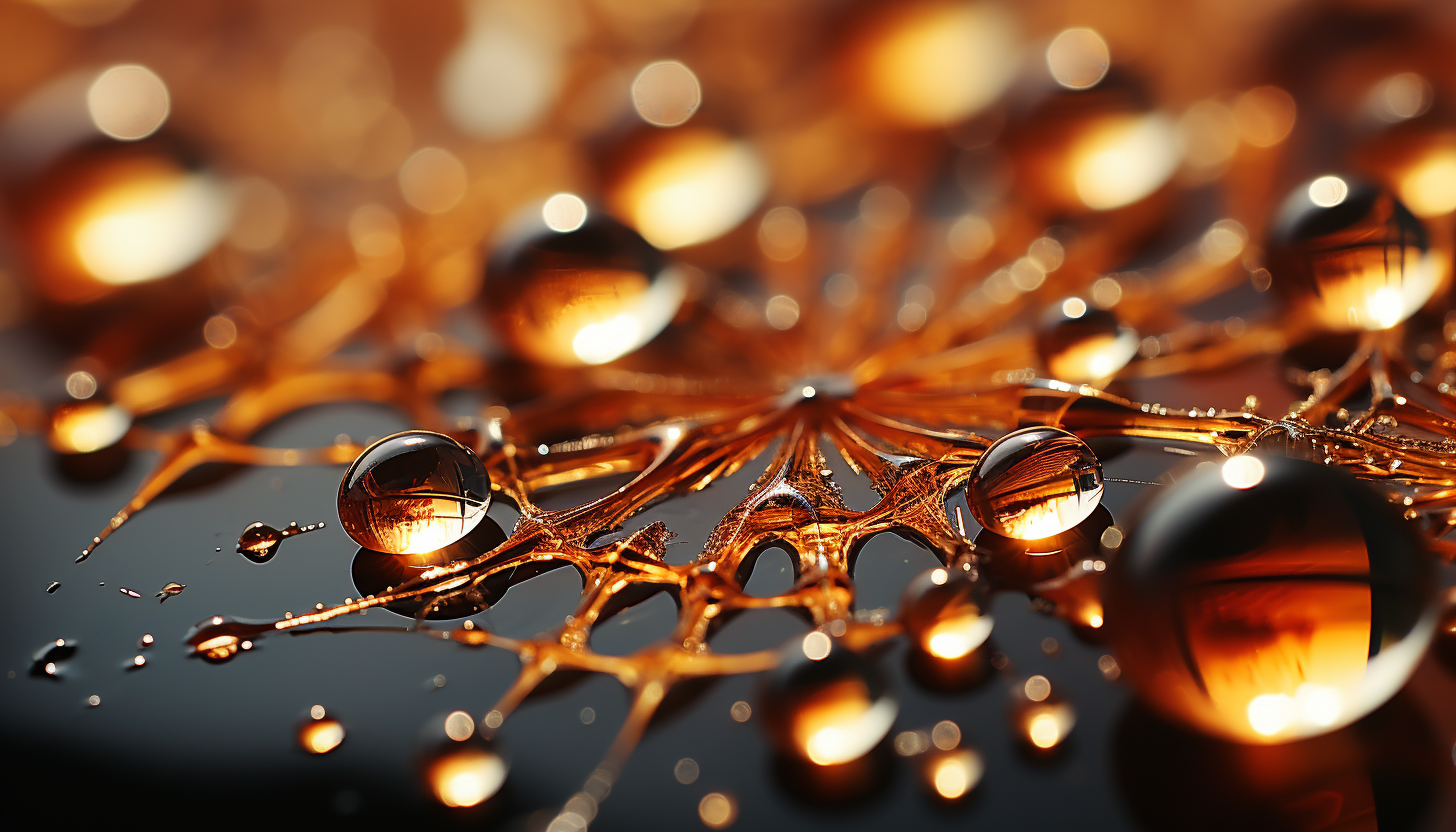 Macro view of dewdrops on a spider's web, reflecting the morning sun.