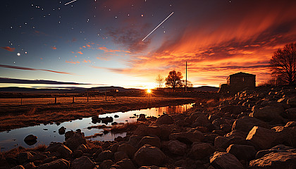 A meteor shower streaking across the sky, captured in long exposure.