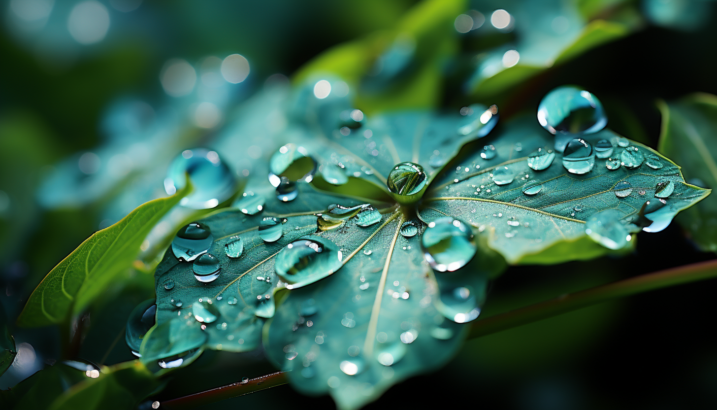 Macro shot of dewdrops magnifying intricate leaf patterns.