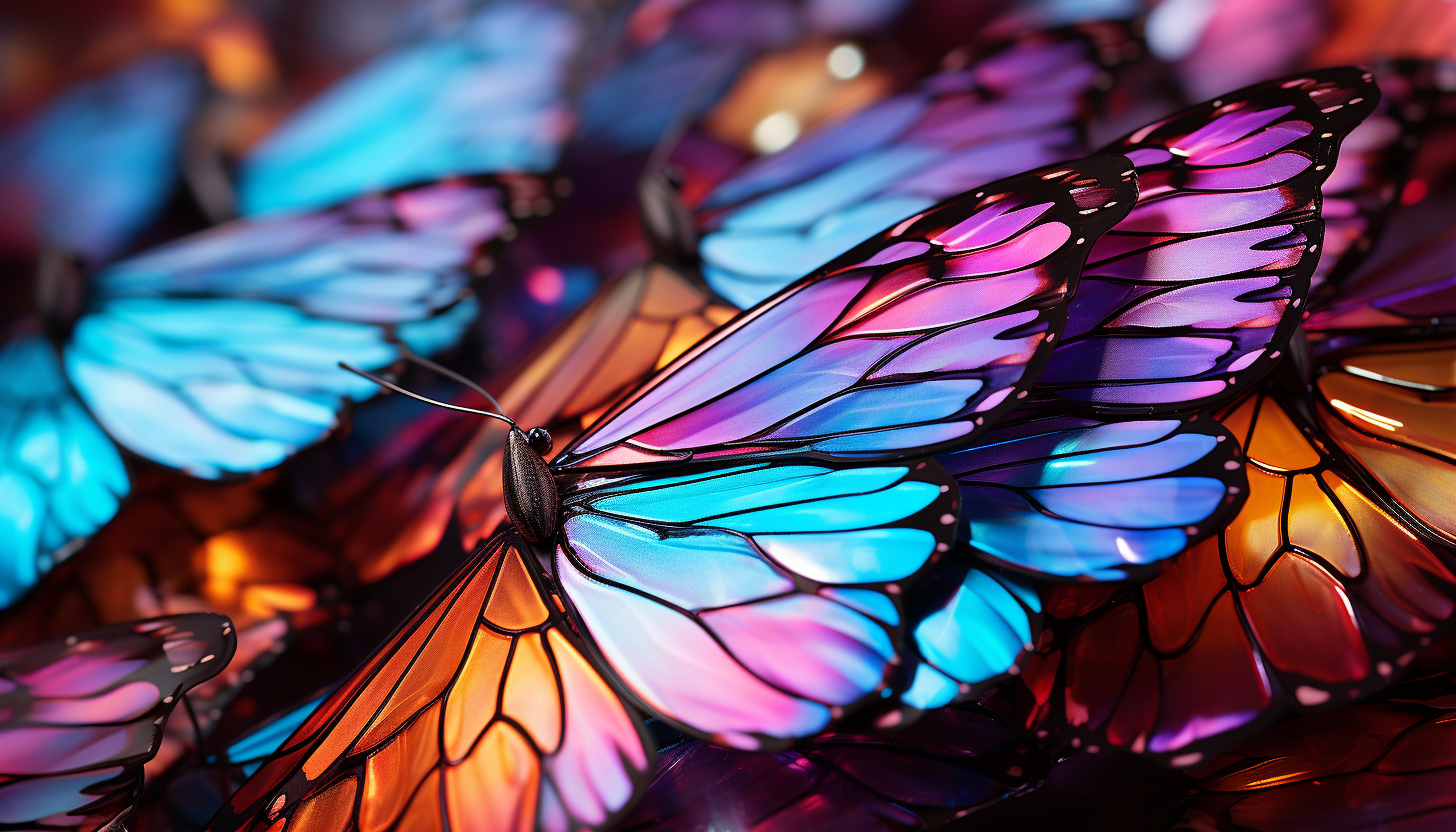 Close-up of iridescent butterfly wings displaying an array of hues.