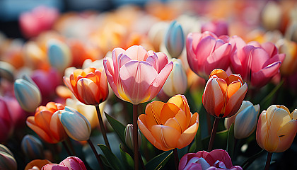 A field of multicolored tulips in full bloom, creating a sea of color.