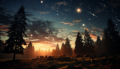 A meteor shower streaking across the night sky, leaving trails of light.