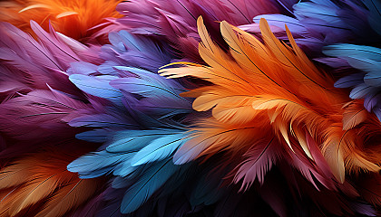 Macro photography of colorful feathers, revealing intricate details.