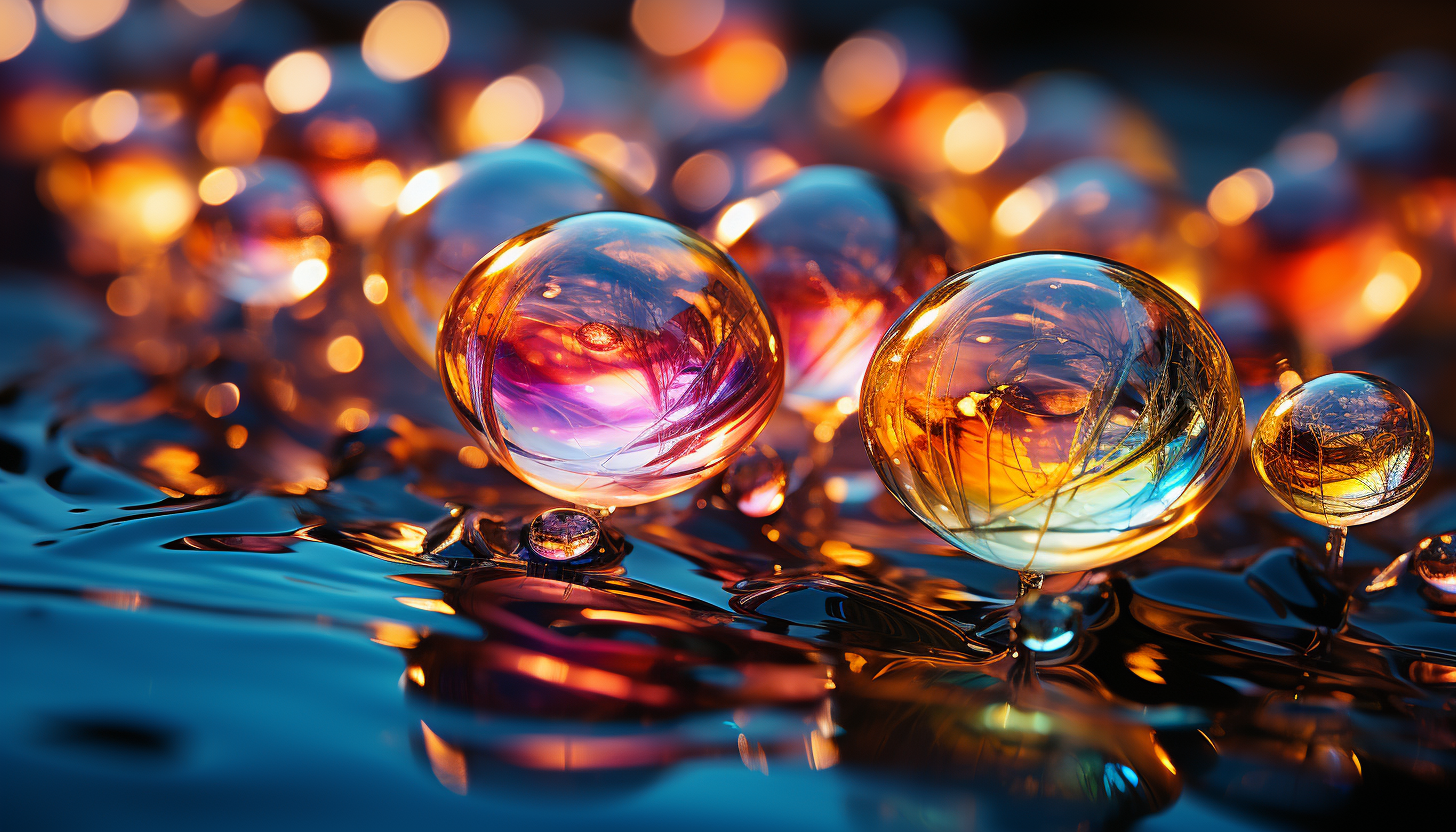 Close-up of iridescent soap bubbles reflecting a kaleidoscope of colors.