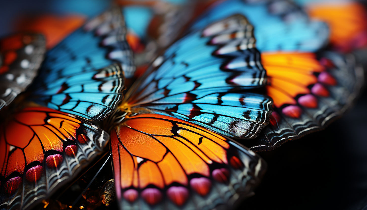 Macro view of butterfly wings revealing intricate patterns and colors.