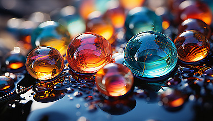 Macro shot of iridescent bubbles reflecting a kaleidoscope of colors.