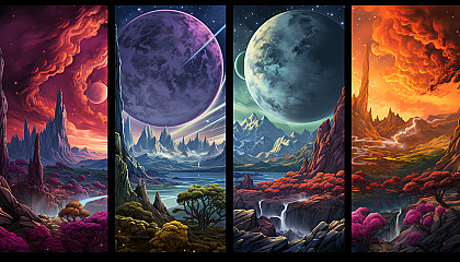 An alien planet's landscape, with colorful and bizarre geological formations.