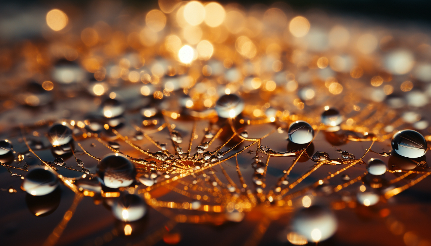 A close-up of a dew-kissed spiderweb sparkling in the morning light.