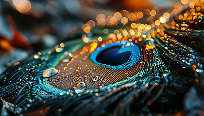Macro shot of a peacock feather with its eye-catching colors and patterns.