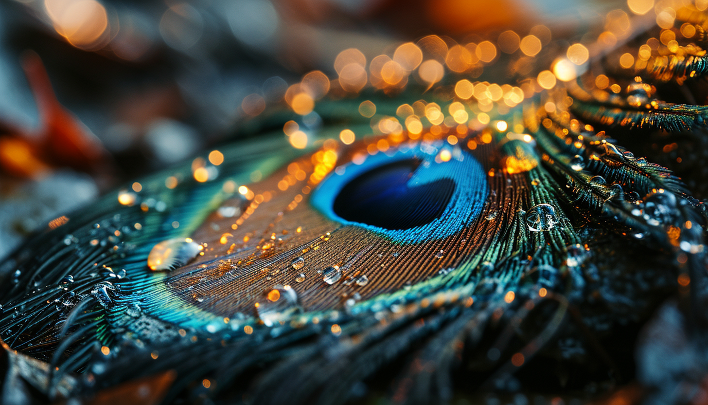 Macro shot of a peacock feather with its eye-catching colors and patterns.