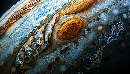 The swirling, multi-colored gases of Jupiter’s atmosphere.