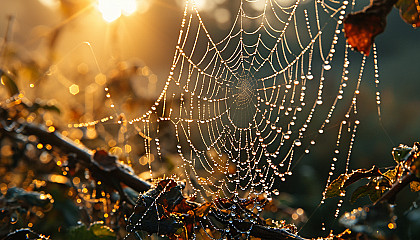 Extreme close-up of morning dew on a spiderweb, reflecting the sunrise.
