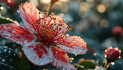 Close-up of a blooming flower, with detailed stamen and pollen grains.