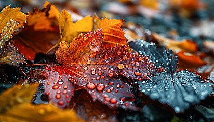 Macro shot of colorful autumn leaves with detailed veins and water droplets.