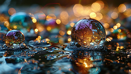 Macro shot of iridescent soap bubbles reflecting a spectrum of colors.