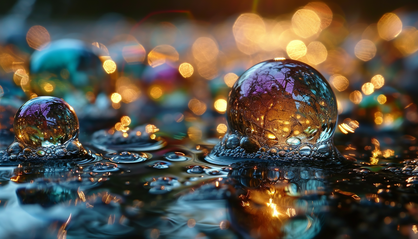 Macro shot of iridescent soap bubbles reflecting a spectrum of colors.