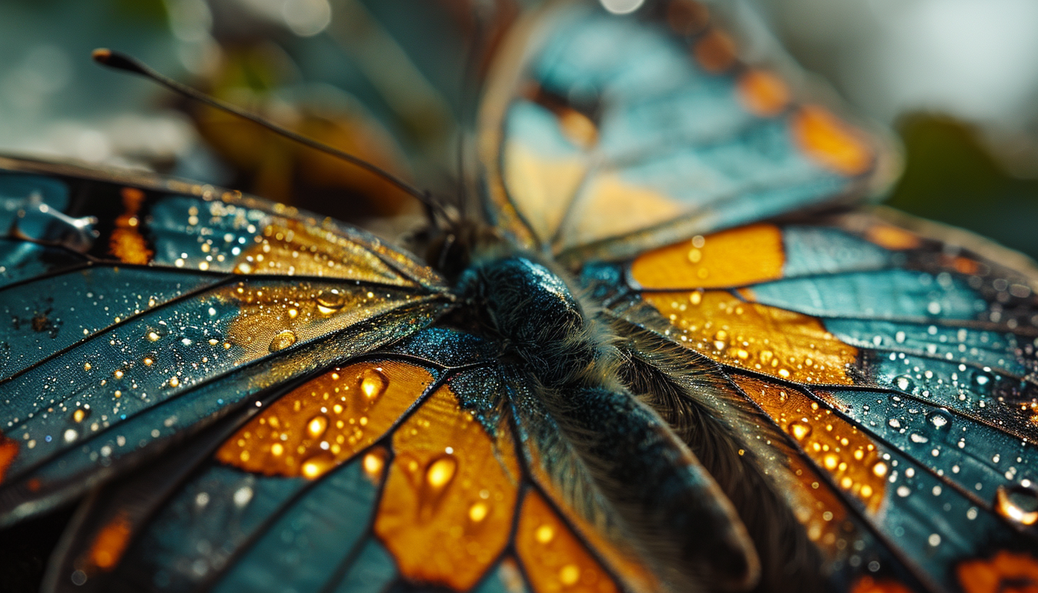 Macro shot of a butterfly wing, showcasing intricate patterns and vivid colors.