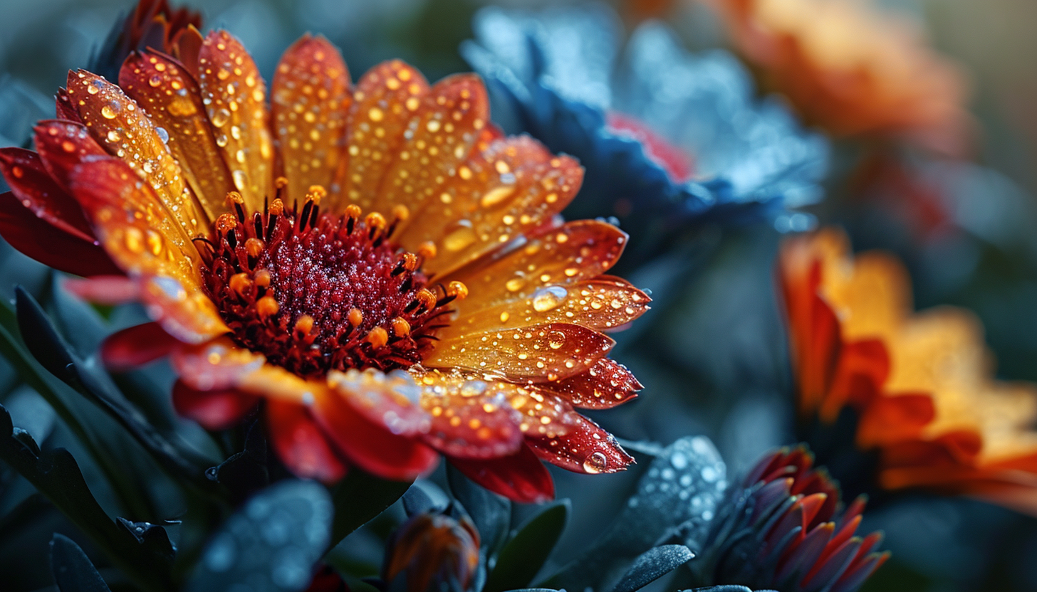 Macro view of a blooming flower with detailed textures and bright colors.