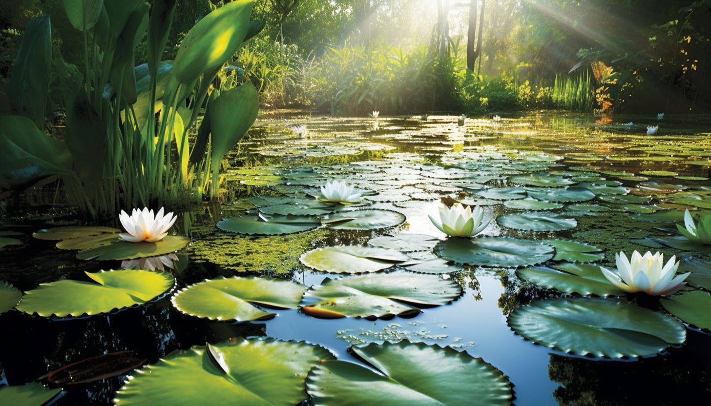 A serene pond filled with blooming water lilies.