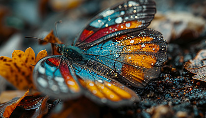 Macro shot of a butterfly wing, showcasing intricate patterns and vivid colors.