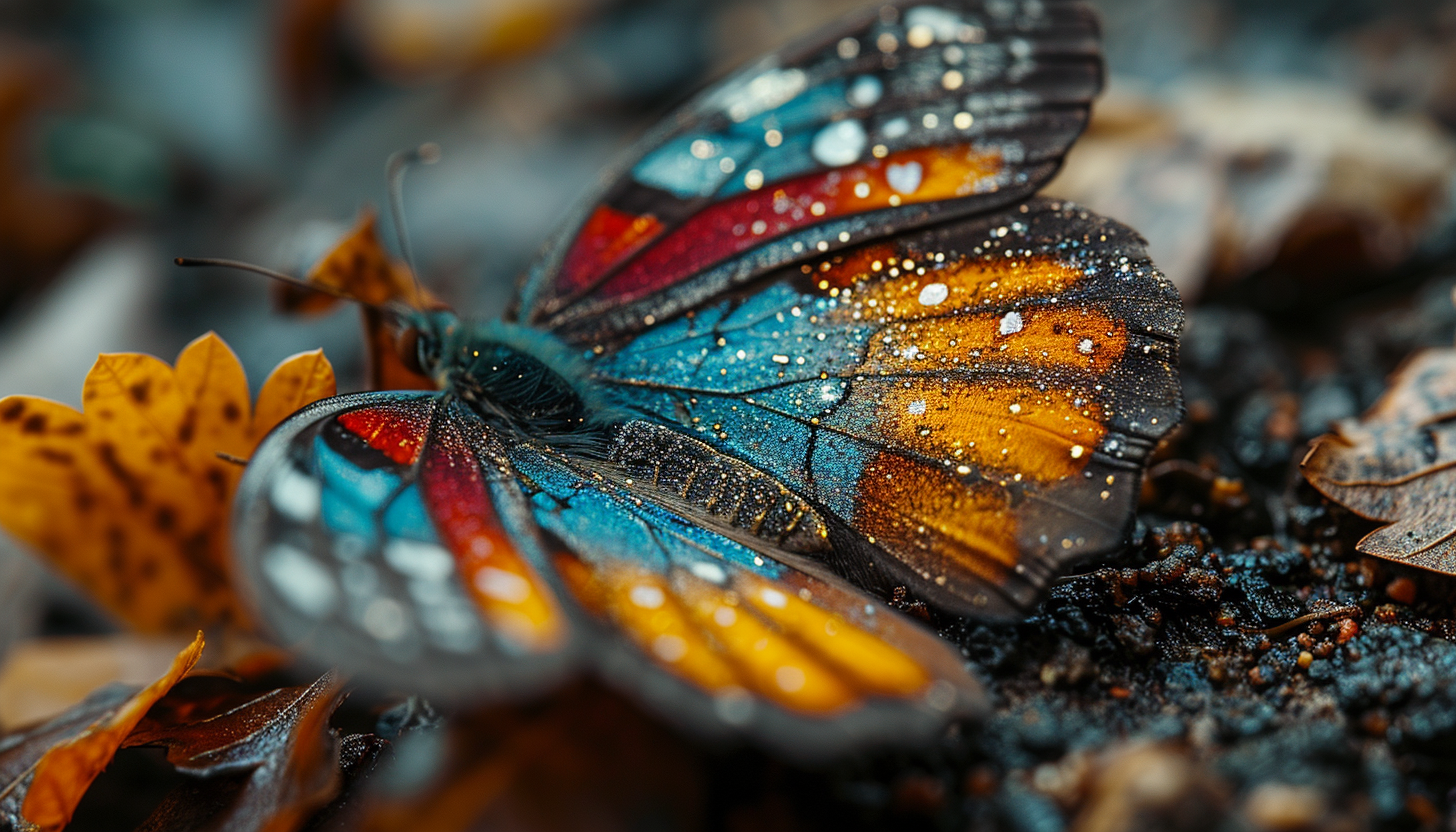 Macro shot of a butterfly wing, showcasing intricate patterns and vivid colors.