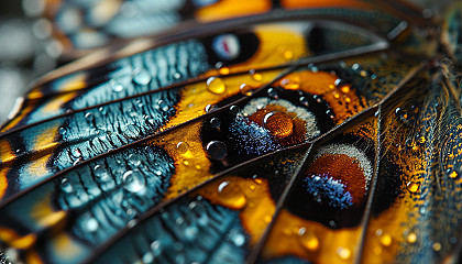 Close-up of a butterfly's wing, revealing intricate patterns and vivid colors.