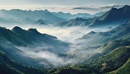 Misty valleys with low-lying clouds nestled between mountain ranges.